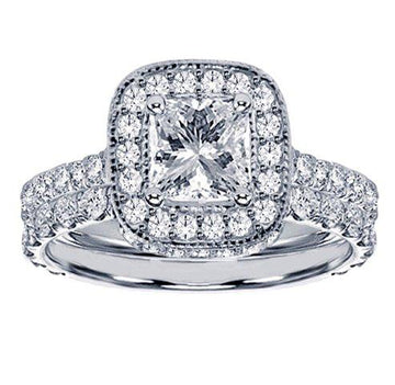 2.70 CT Pave Set Diamond Encrusted Princess Cut Engagement Ring Set in 14k White Fold